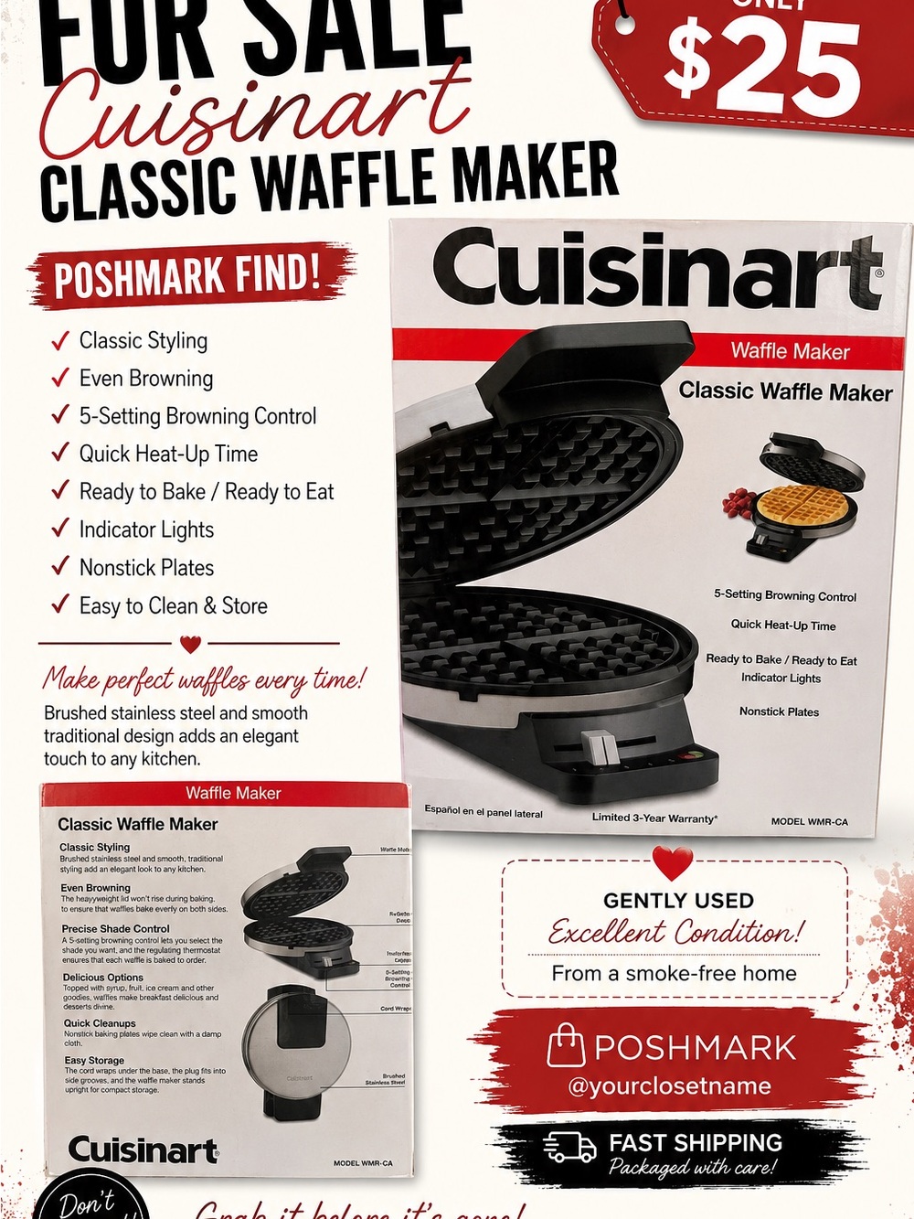 Cuisinart Black Classic Waffle Maker - Compact Nonstick Iron